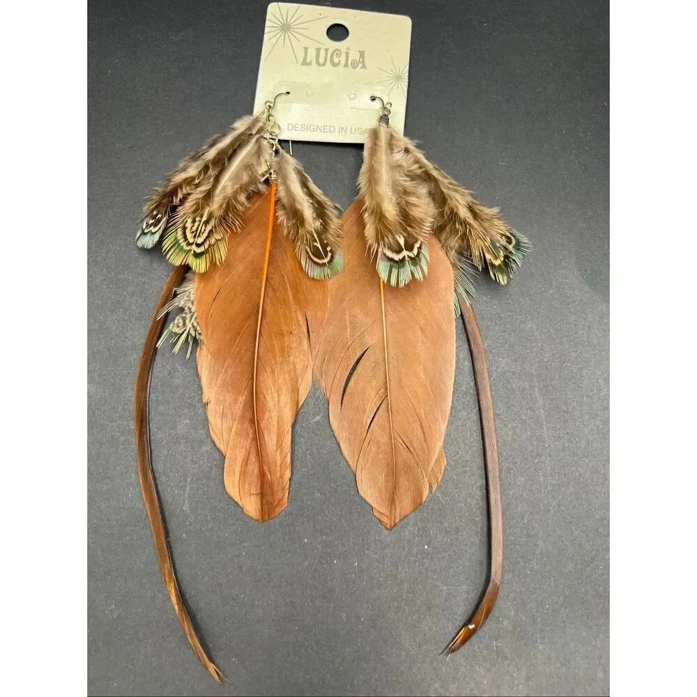 New! Lucia Long Tiered Layered Brown Green Tip Feather Earrings